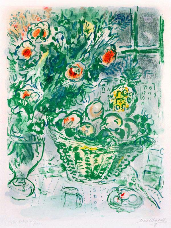 Basket of Fruit and Pineapples color lithograph contemporary Marc Chagall Oil Paintings